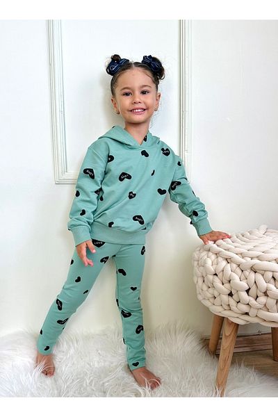 Lolliboomkids New Season Girl's mini Love Patterned Hooded Top and Bottom Set - 2 Pieces