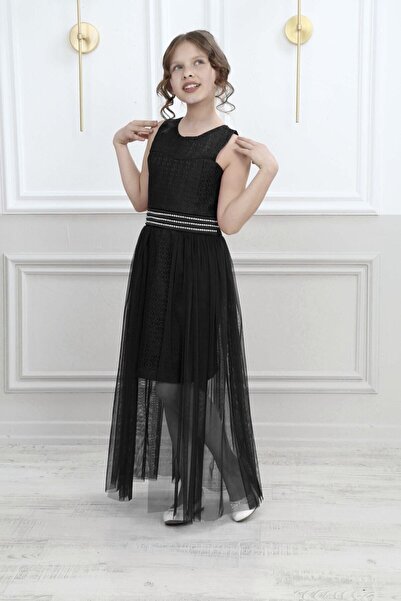 Pantulux Çocuk Güpür Desenli Astarlı Siyah Abiye Elbise