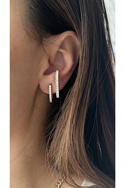 Vi store Çift küpe görünümlü Taşlı Çizgi Küpe