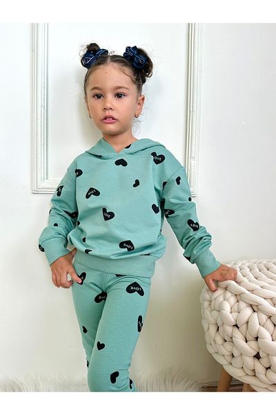 Lolliboomkids New Season Girl's mini Love Patterned Hooded Top and Bottom Set - 2 Pieces