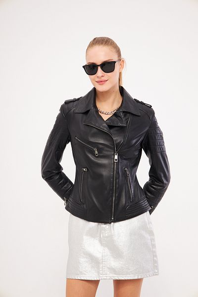 gorgitino Genuine Leather Black Women's Jacket - Diamond Pattern