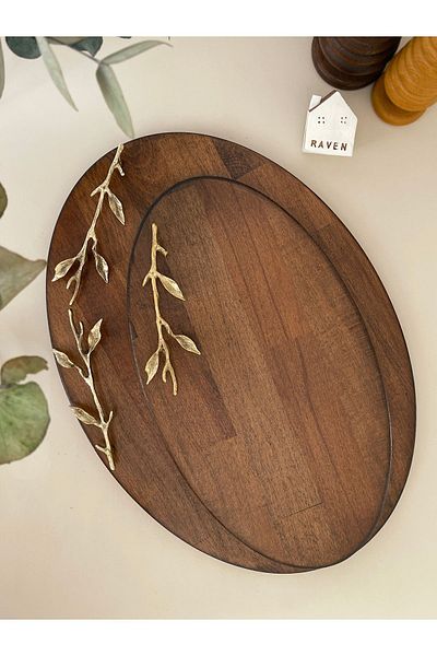 NOBLERAVEN DESIGN Wooden Tray, Decorative Tray, Brass Handle, Dark Color, Medium Size