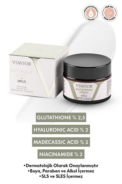 VİAVİOR Sirius Glutathione Cream Blemish - Skin Tone Equalizer, Anti Barrier, Strengthener 50ml (2,5% GLUTATION)