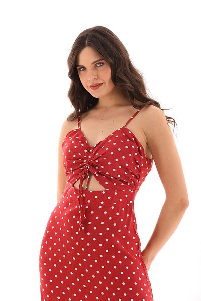 QUZLAK Red Women's Dress - Adjustable Rope Strap, Polka Dot and Low-cut Detail