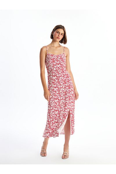 LC Waikiki Damenkleid mit Blumenmuster und herzförmigem Kragen – Träger