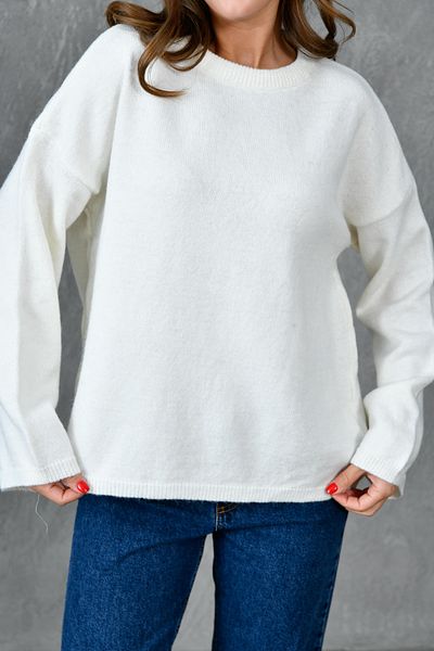 vuvutasarım Ecru Oversize Knitwear Sweater - Wide Sleeve, Off Shoulder, Crew Neck 4091
