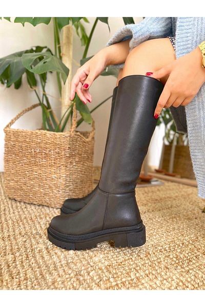 POLKA Women's Daisy Thick Sole Below Knee Zipper Comfortable Black Leather Boots
