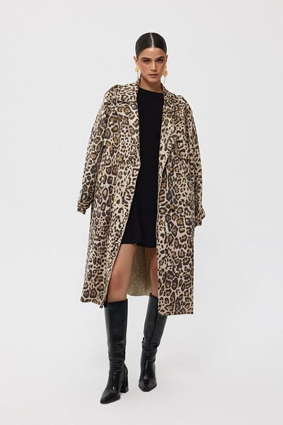 Seda Yalçın Atelier Leopard Patterned Cream Trench Coat - with Belt and Back Slit