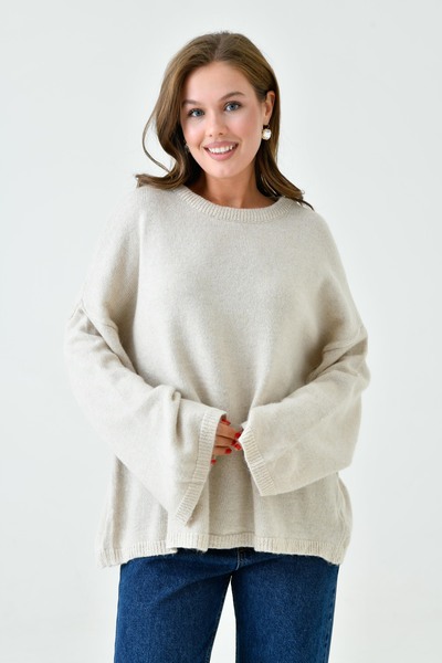 bayansepeti Μπεζ πλεκτό πουλόβερ μεγάλου μεγέθους - χαμηλός ώμος, φαρδύ μανίκι, λαιμός πληρώματος, μακρύ μανίκι 4091