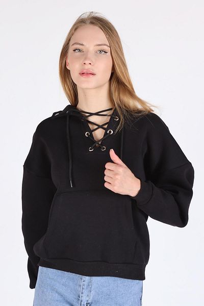 Rays 9145m Model - Black Sweatshirt with Collar Tie Detail