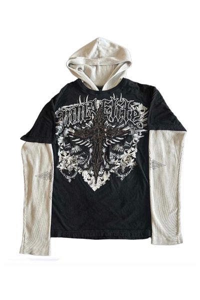 Köstebek White Sleeve Cross Print Cyber Grunge Hooded Sweatshirt