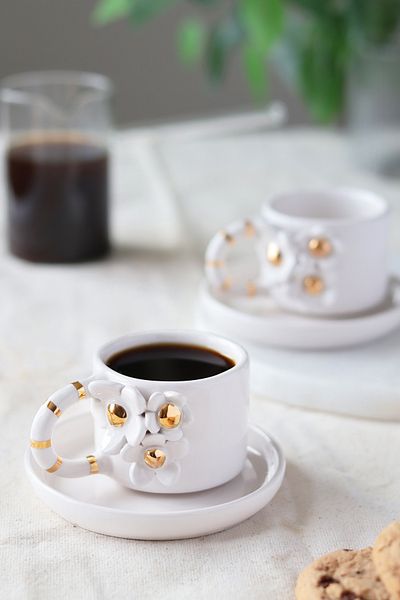 ada mia seramik 24K Gold Decorated 2-Piece Floral Ceramic Cup Set - 120ml