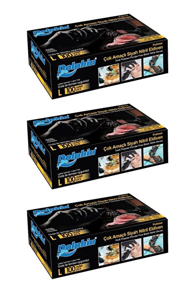 Dolphin Çok Amaçlı Siyah Nitril Eldiven (l) 100lü Paket 3 Adet (gıdaya Uygun)