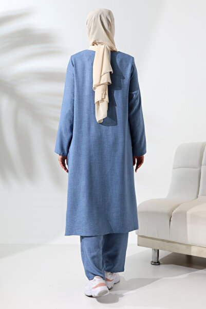 ihvan online Γυναικείο κοστούμι δύο τεμαχίων με μπλε λινό look - Ρούχα Hajj Umrah και Hijab με κρυφή λεπτομέρεια με φερμουάρ