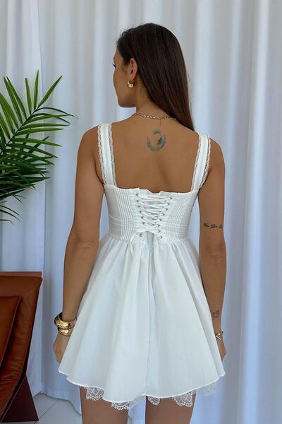 Mine Tan Butik Λευκό Μίνι Γυναικείο Φόρεμα - Αμάνικο, Ψηλή μέση, Φούστα με κορδόνια