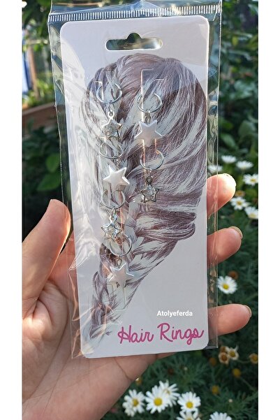 Atolye Ferda Silver Color Star and Pearl Star Model Hair Earrings 6 Pieces