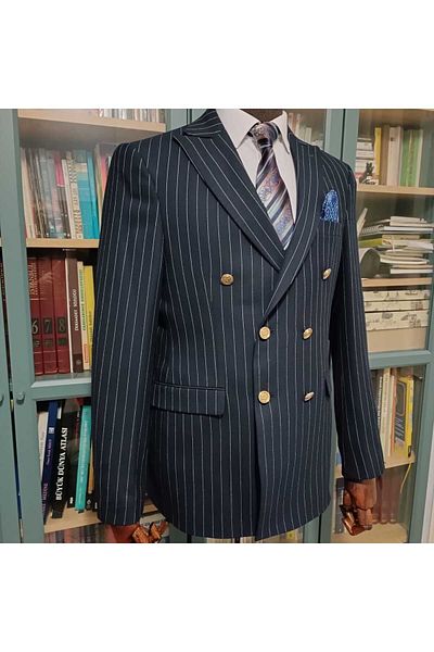 Querinca Navy Blue Striped Double Breasted Slim Fit Suit (With Tie and Collar Ornament Gift)