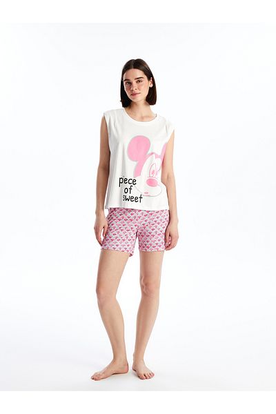 LC Waikiki Set de pijamale cu imprimeu Mickey Mouse pentru femei - decolteu, maneca scurta, pantaloni scurti