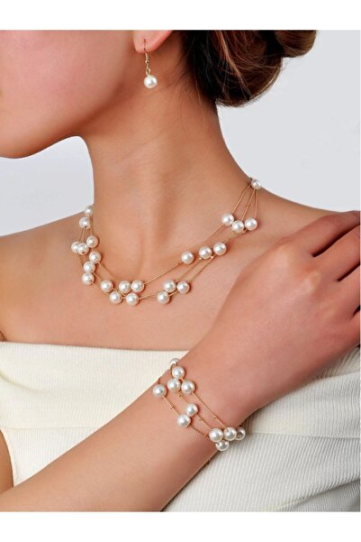 Etique Kadın Yılan Zincirli Inci Detaylı Modern Kolye Bileklik ve Küpe Set