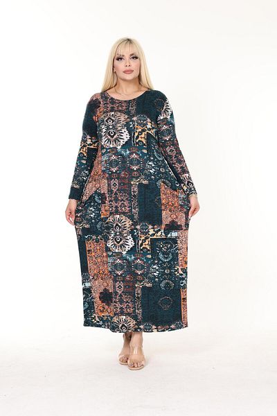 mezura tekstil Rochie din bumbac pieptănat din viscoză cu model de mărime mare - mânecă lungă, lungime maxi, cu buzunar hidžáb