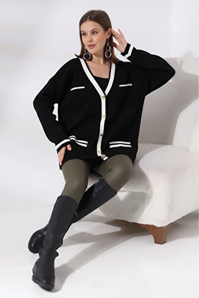 FORTİA TRİKO Black Color - Oversize Stylish Quality Great Knitwear Cardigan with Gold Buttoned Stripe Detail