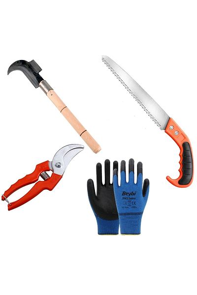ozaslan Garden Tool Set Vineyard Pruning Saw with Scissors Axes Mini Sickle Glove Pruning Set 4 Pieces