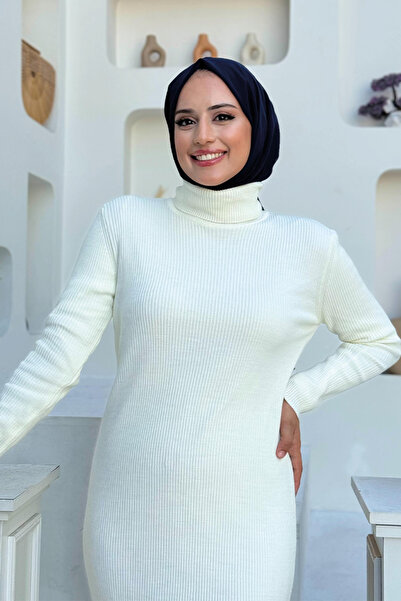 Bym Fashion Ecru Turtleneck Ribbed Knitwear Dress - 4100