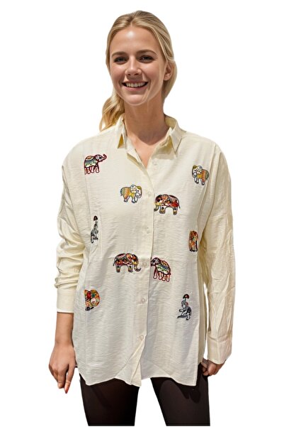 Cassime Крем-кольорова oversize бавовняна сорочка для жінок - з вишивкою слона