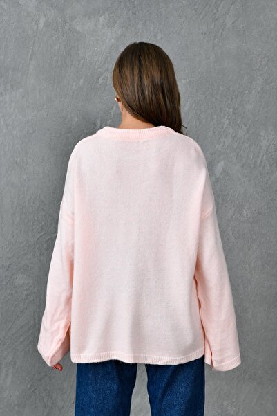vuvutasarım Long Sleeve Crew Neck Powder Knitwear Sweater - Wide Sleeve, Off Shoulder 4091