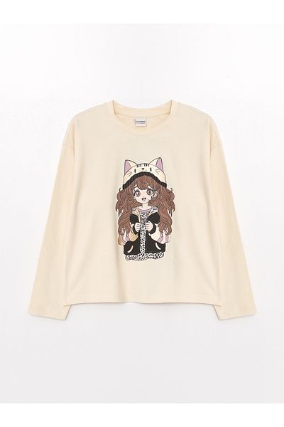LC Waikiki Long Sleeve Printed Girl's T-Shirt - Crew Neck