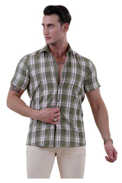 Exve Exclusive Green Claret Red White Plaid Slim Fit Summer Shirt - Short Sleeve