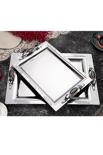 ÖZBURAK Armoni Gümüş Hürrem 2'li Ikramlık Sunumluk Servis Ve Çay Tepsisi