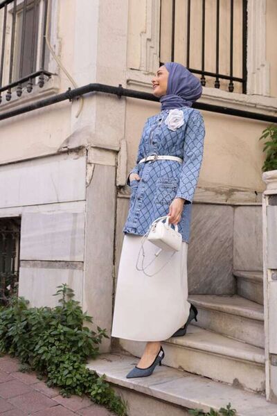 ESRA KEKÜLLÜOĞLU Kadın Taşlı Kot Ceket-Mavi