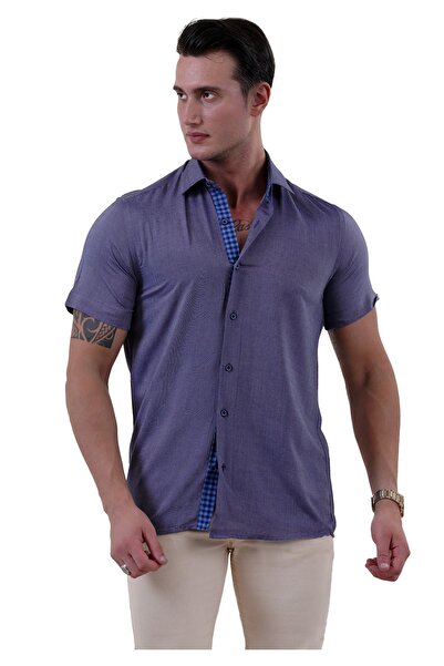 Exve Exclusive 100% бавовна, темно-синя, облягаюча літня сорочка - з ефектом джинсової тканини, з короткими рукавами