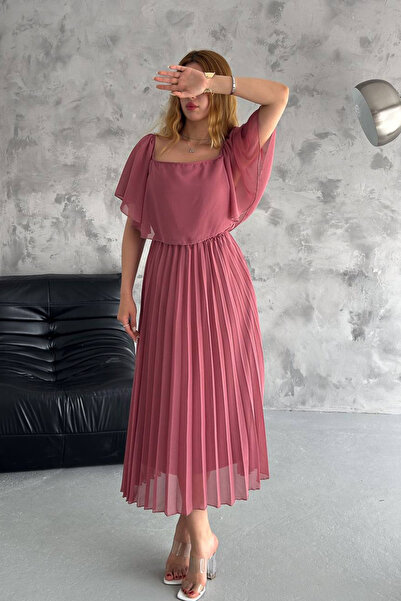 Neşeli Butik kadın madonna yaka piliseli şifon elbise NBK2099