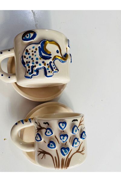 Banuart 2-Piece Ceramic Double Coffee Cup - Elephant and Evil Eye Tree Gift