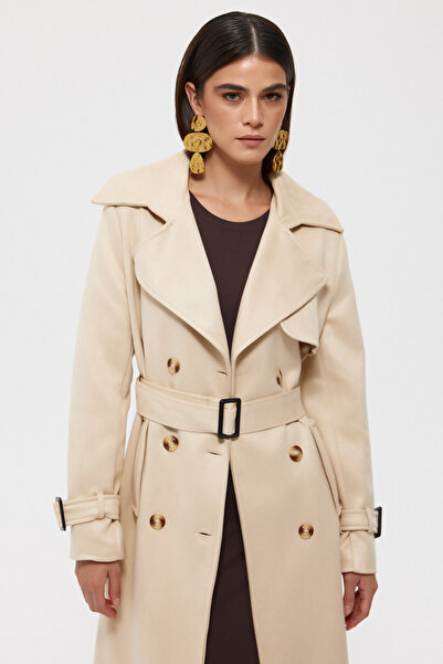 Seda Yalçın Atelier Μπεζ σουέντ πουπουλένιο παλτό - με ζώνη και κουμπιά