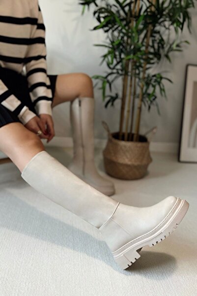 POLKA Women's Daisy Thick Sole Below the Knee Zippered Comfortable Beige Leather Boots