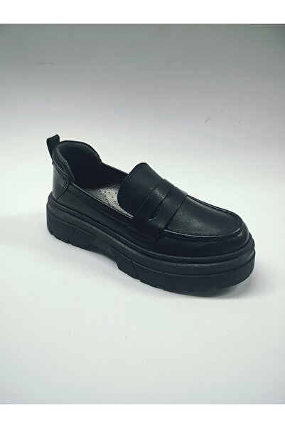 Rose Club Kids جلد أسود أصلي - حذاء لوفر جامعي للأم والفتاة