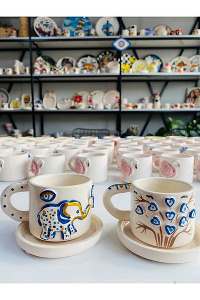 Banuart 2-Piece Ceramic Double Coffee Cup - Elephant and Evil Eye Tree Gift