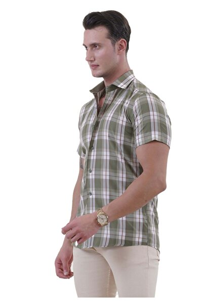 Exve Exclusive Green Claret Red White Plaid Slim Fit Summer Shirt - Short Sleeve
