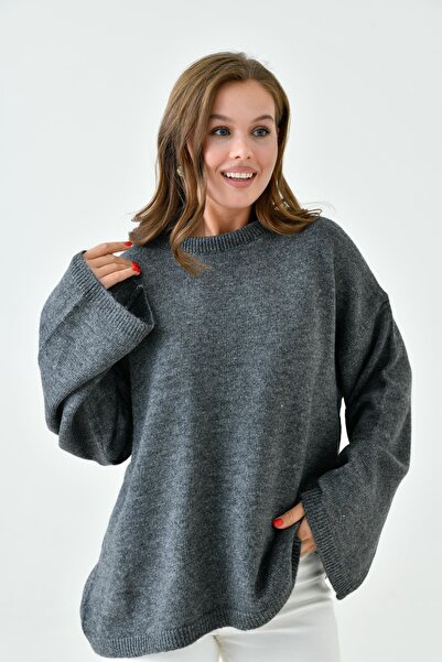 bayansepeti Kadın Düşük Omuz İspanyol Kol Bisiklet Yaka Uzun Kollu Antresit Oversize Triko Kazak 4091