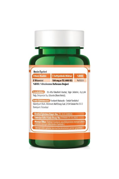 Yurdavit Softgel Vitamin E - 400 IU 100 Capsules