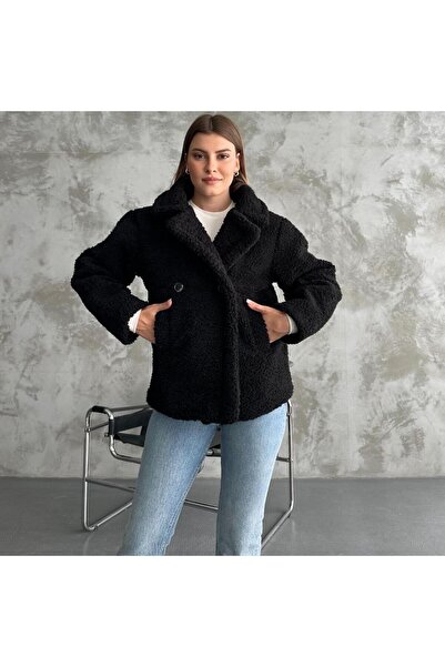 Lin Collection Kadın Siyah Düğmeli Peluş Kuzu Polar Ceket Mont E34512433