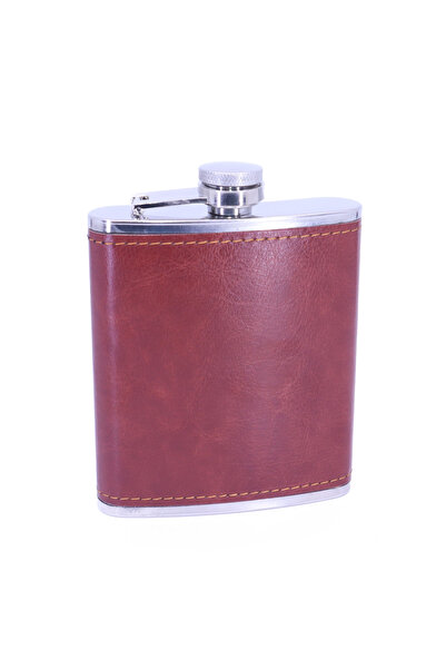 stainless steell Kahverengi Deri Kaplama Paslanmaz Çelik Cep Matarası - Hip F...