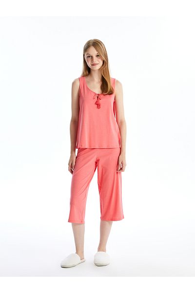 LC Waikiki Damen-Pyjama-Set mit Rundhalsausschnitt – einfarbig, Caprihose