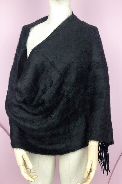 FTZ WOMEN Kadın Anne Yün Triko Püsküllü Kışlık Siyah Kalın Angora Omuz Şalı