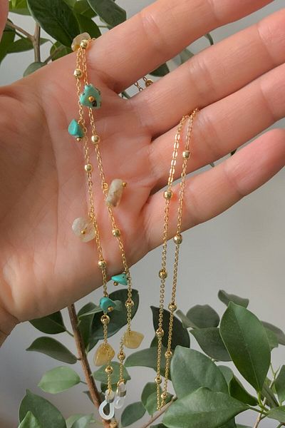 Natural Jewelleryy Women's Natural Stone Citrine And Turquoise Glasses Chain