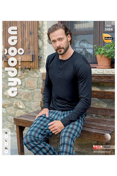 Aydoğan Aydoğan 3484 - Men's Modal Slippers, Long Sleeve Pajamas Set