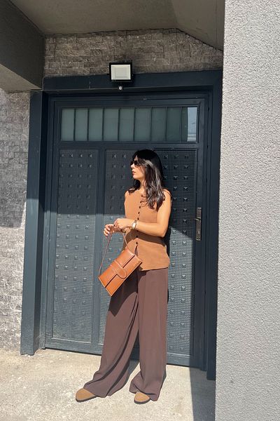 Seda Yalçın Atelier Brown Palazzo Trousers - Double Buttons and Pleat Detail